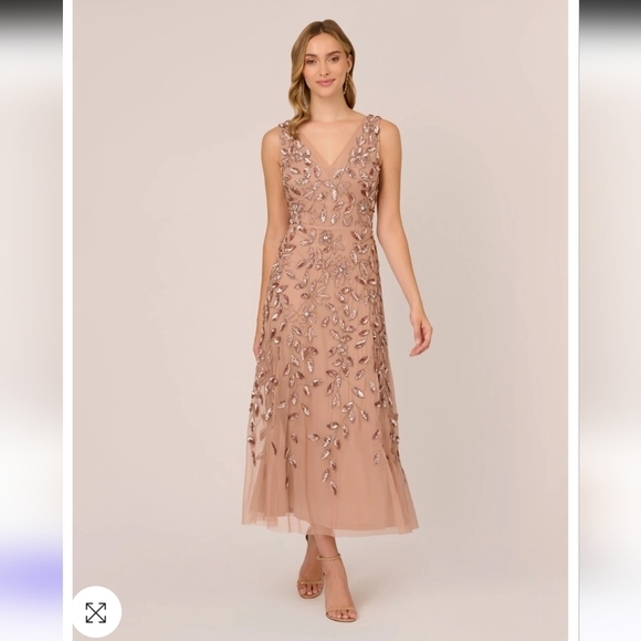 NWT Adrianna Papell Floral Beaded Ankle Length Sleeveless Gown Rose Gold Sz 6P - Picture 2 of 16